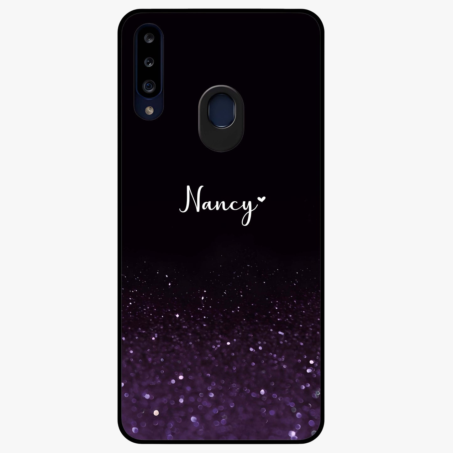 Glittery Purple Bokeh Custom Name Glass Case showing flat back view with purple bokeh sparkle artwork and personalized name design.