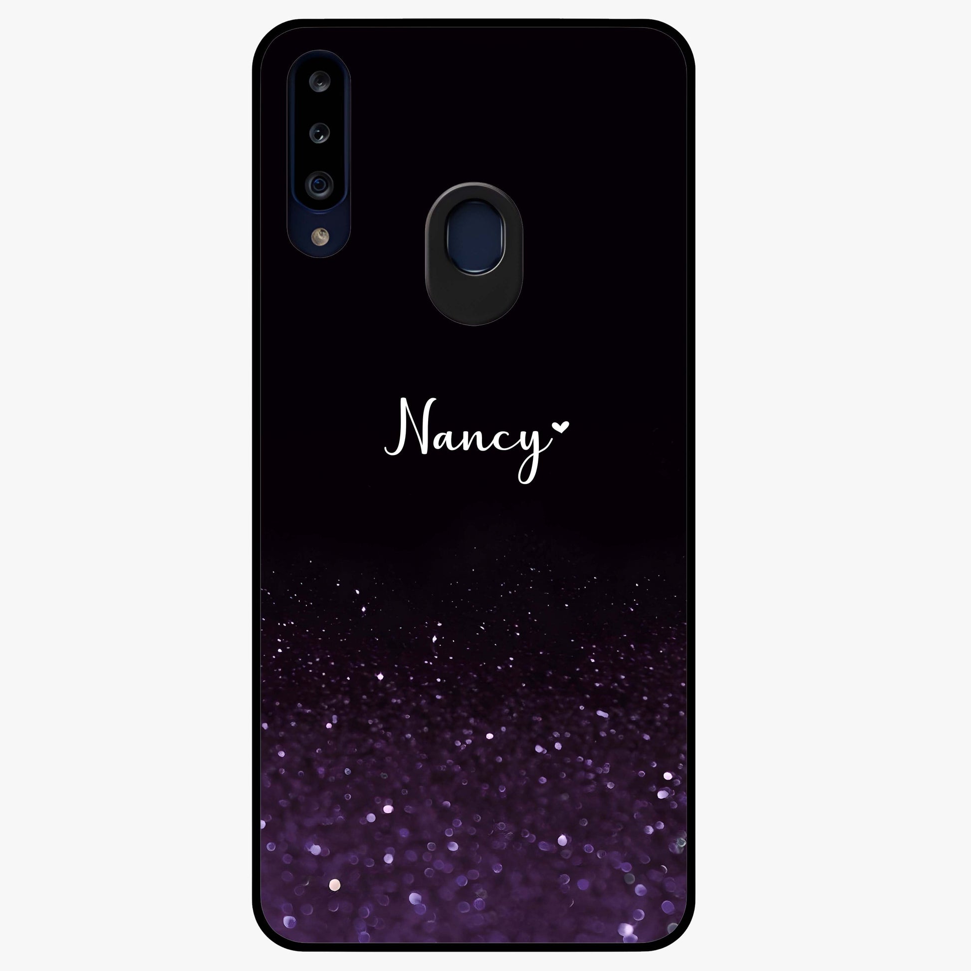 Glittery Purple Bokeh Custom Name Glass Case showing flat back view with purple bokeh sparkle artwork and personalized name design.