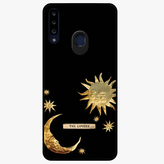 Golden Celestial Charm Glass Case showing flat back view with golden celestial charm artwork and glossy glass finish.