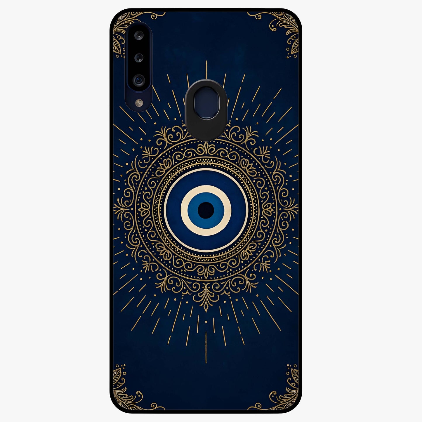 Golden Evil Eye Mandala Glass Case showing flat back view with intricate evil eye mandala artwork and glossy glass finish.