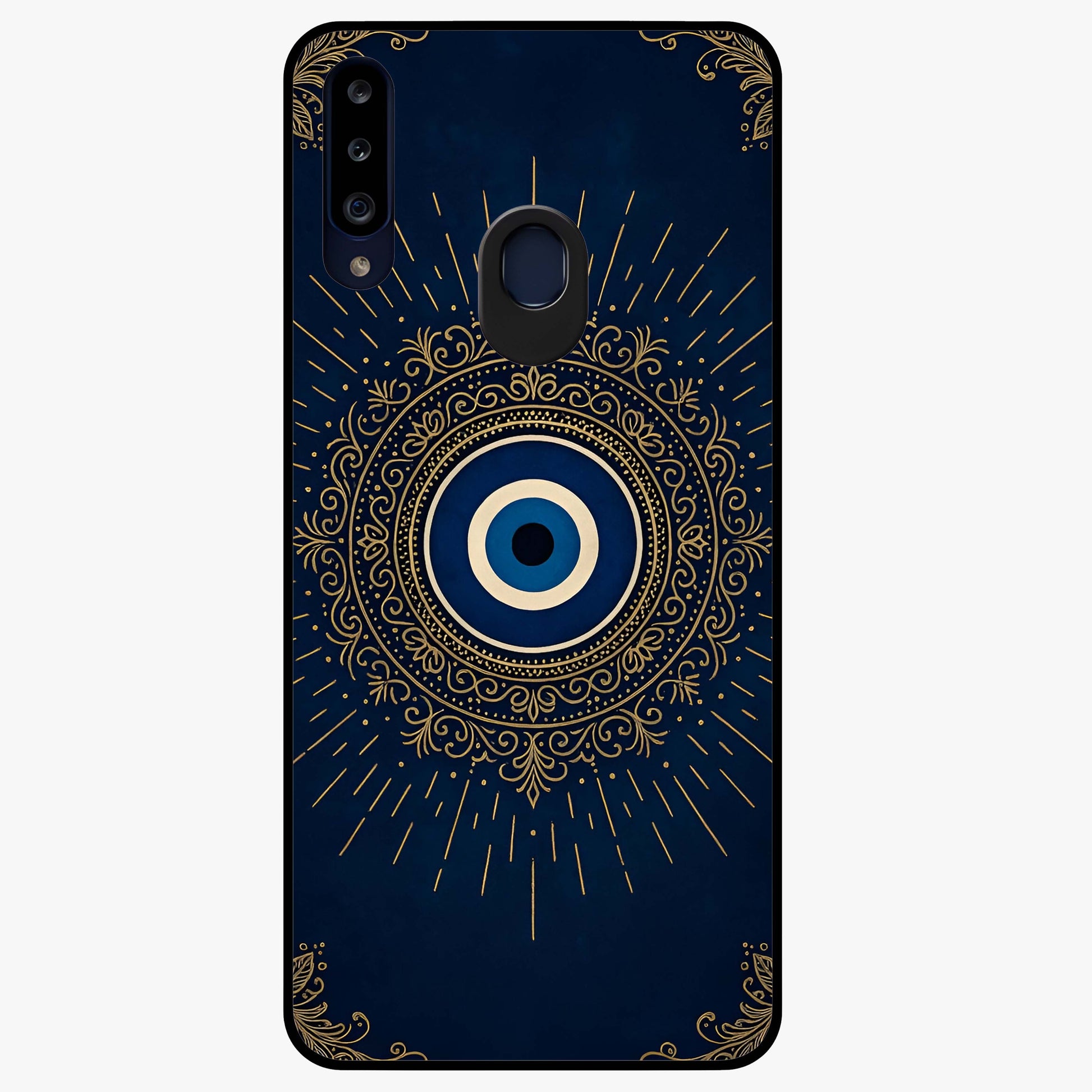 Golden Evil Eye Mandala Glass Case showing flat back view with intricate evil eye mandala artwork and glossy glass finish.