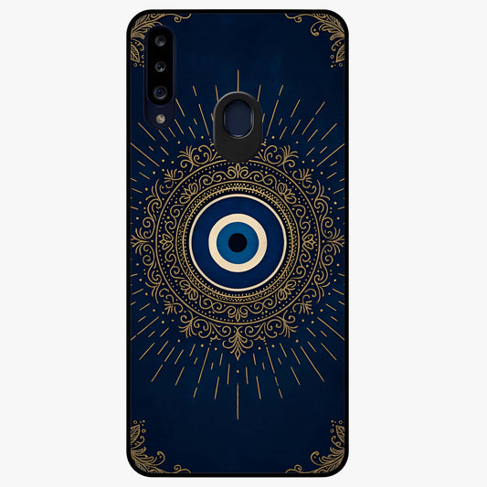 Golden Evil Eye Mandala Glass Case showing flat back view with intricate evil eye mandala artwork and glossy glass finish.