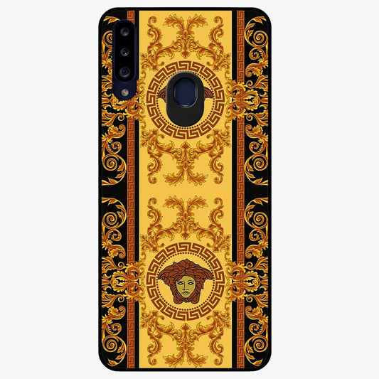 Golden Royal Heritage Glass Case showing flat back view with ornate royal pattern artwork and glossy glass finish.