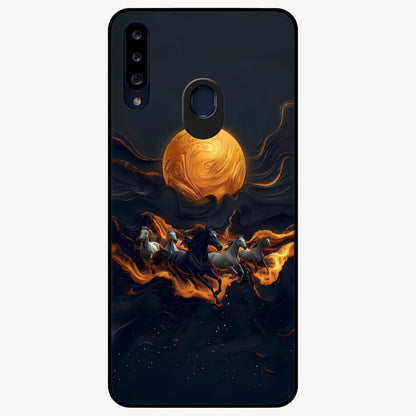 Golden Stallion Moonride Glass Case showing flat back view with majestic horse under moonlight artwork and glossy glass finish.