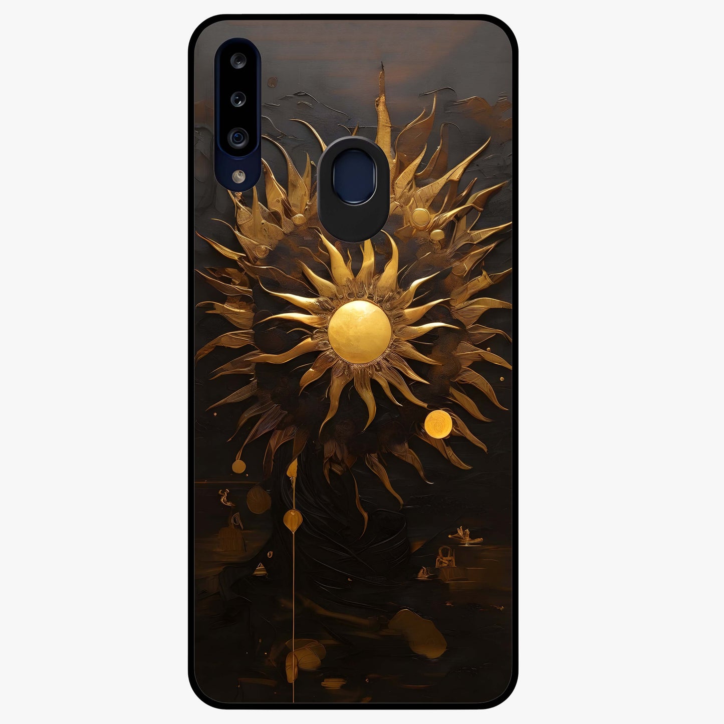 Golden Sun Majesty Glass Case showing flat back view with radiant golden sun artwork and glossy glass finish.