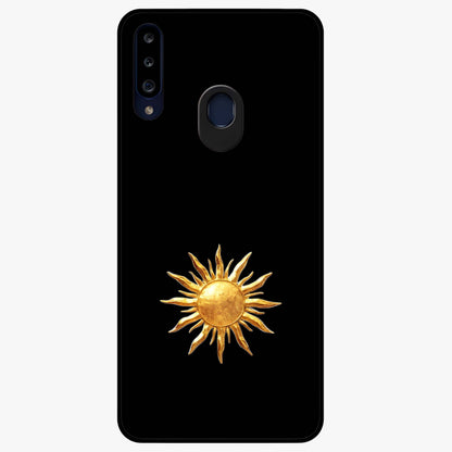Golden Sun Minimalism Glass Case showing flat back view with minimal golden sun artwork and glossy glass finish.