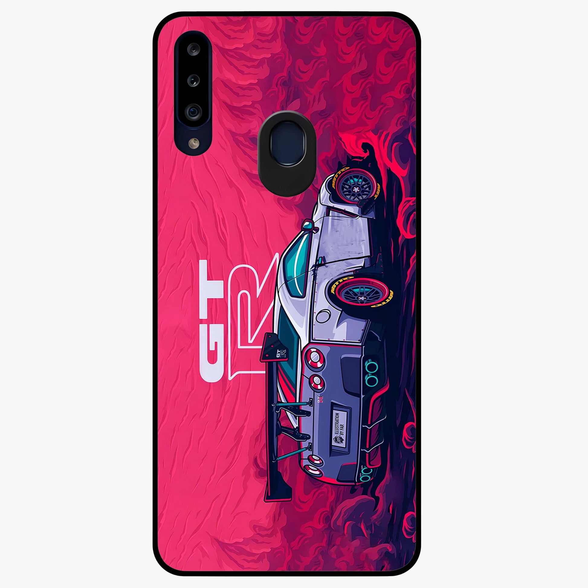 GT-R Car Pattern Glass Case showing flat back view with sporty car inspired pattern artwork and glossy glass finish.