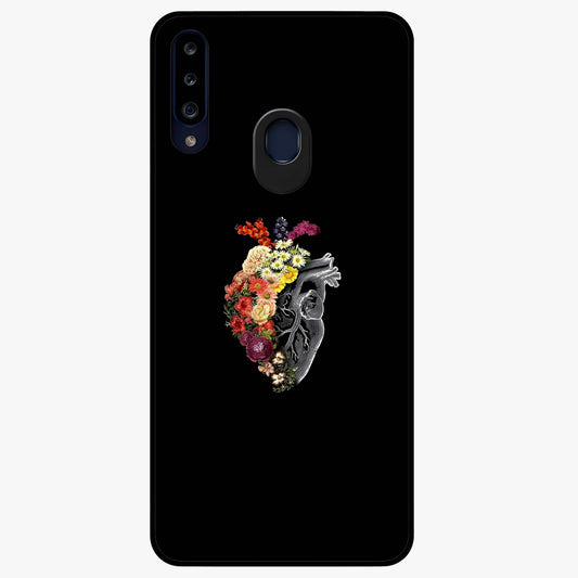 Heart With Flowers Glass Case showing flat back view with heart shaped floral artwork and glossy glass finish.