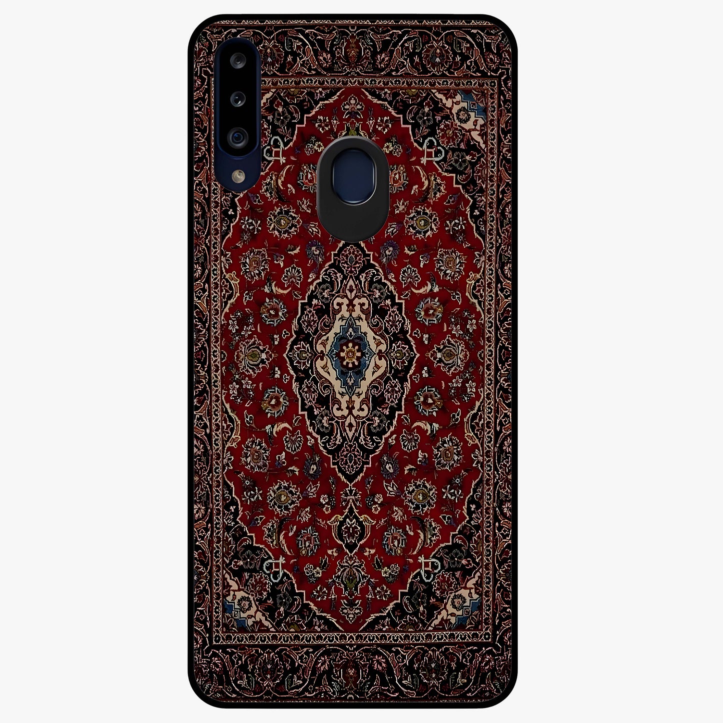 Heritage Carpet Royale Glass Case showing flat back view with ornate Persian carpet inspired pattern and glossy glass finish.