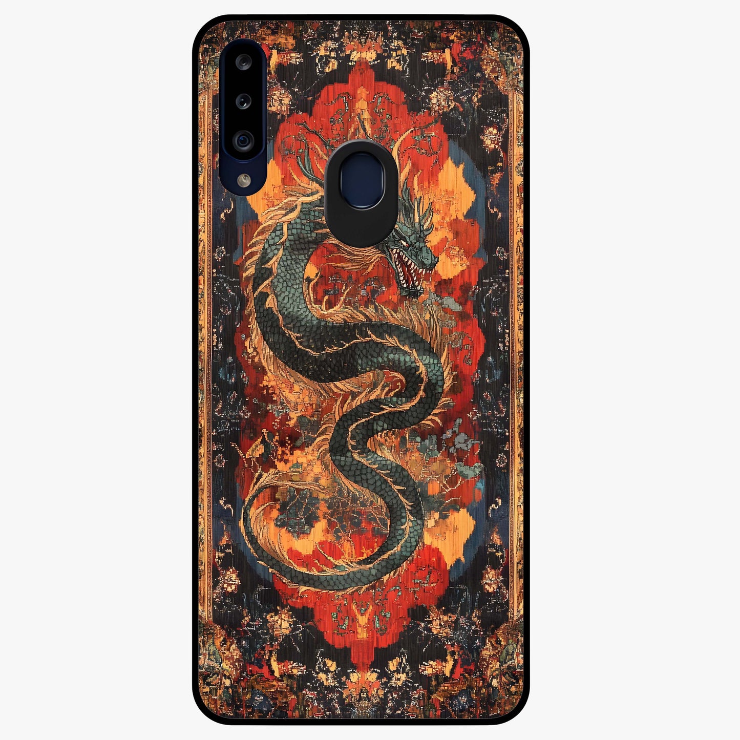 Inferno Dragon Soul Glass Case showing flat back view with fiery dragon artwork and glossy glass finish.