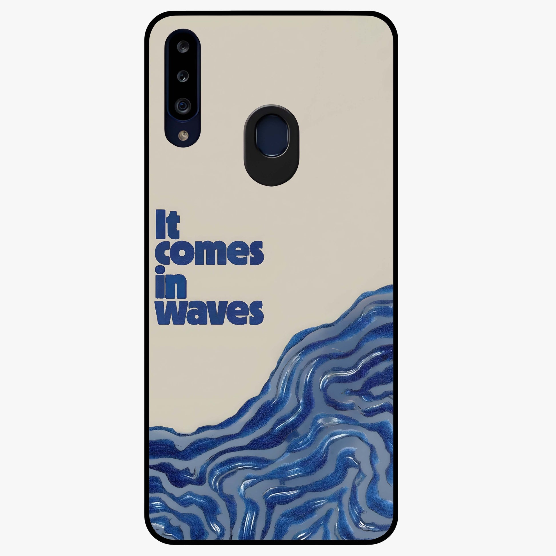 It Comes In Waves Quote Glass Case showing flat back view with inspirational wave themed quote artwork and glossy glass finish.