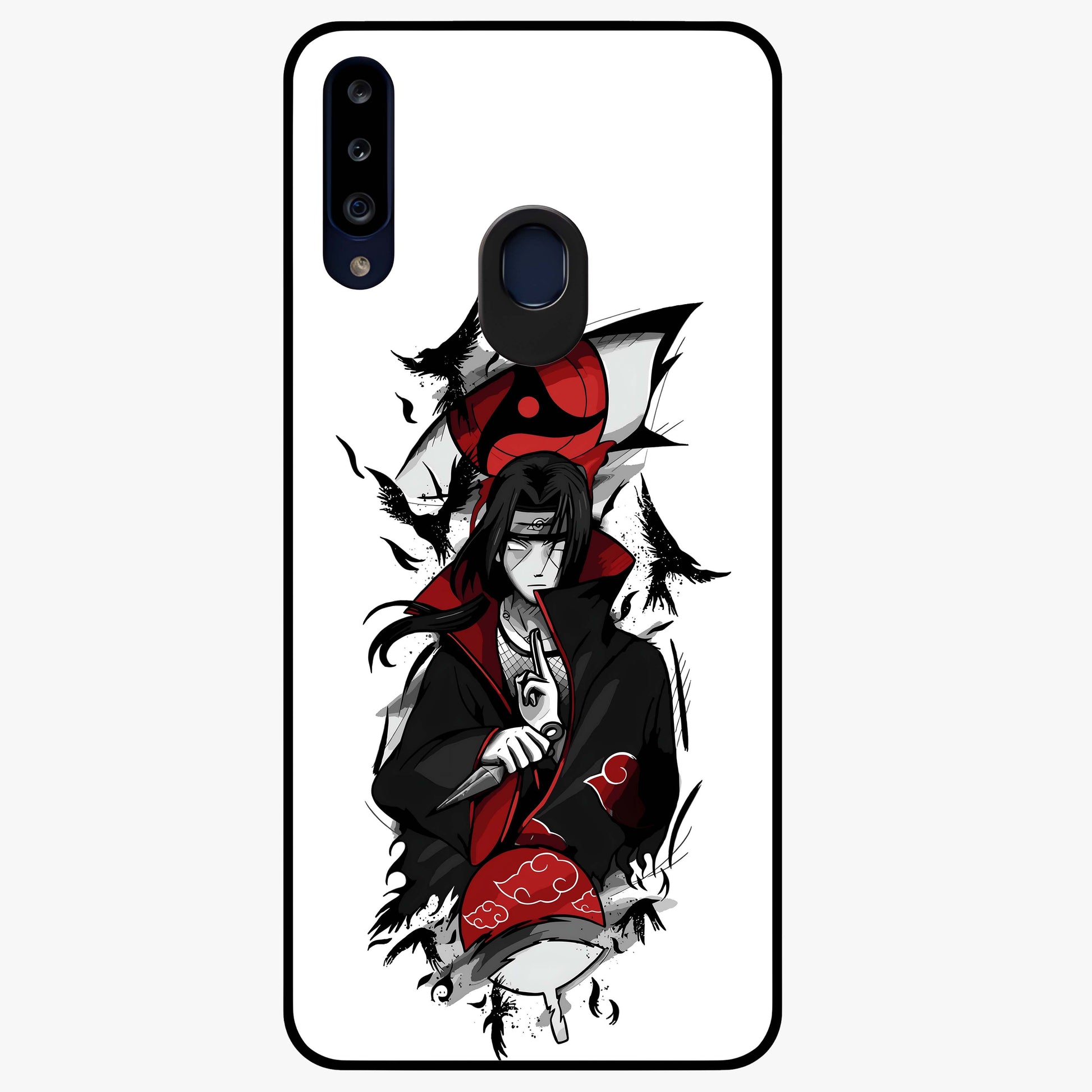 Itachi Sharingan Glass Case showing flat back view with powerful anime eye artwork and glossy glass finish.
