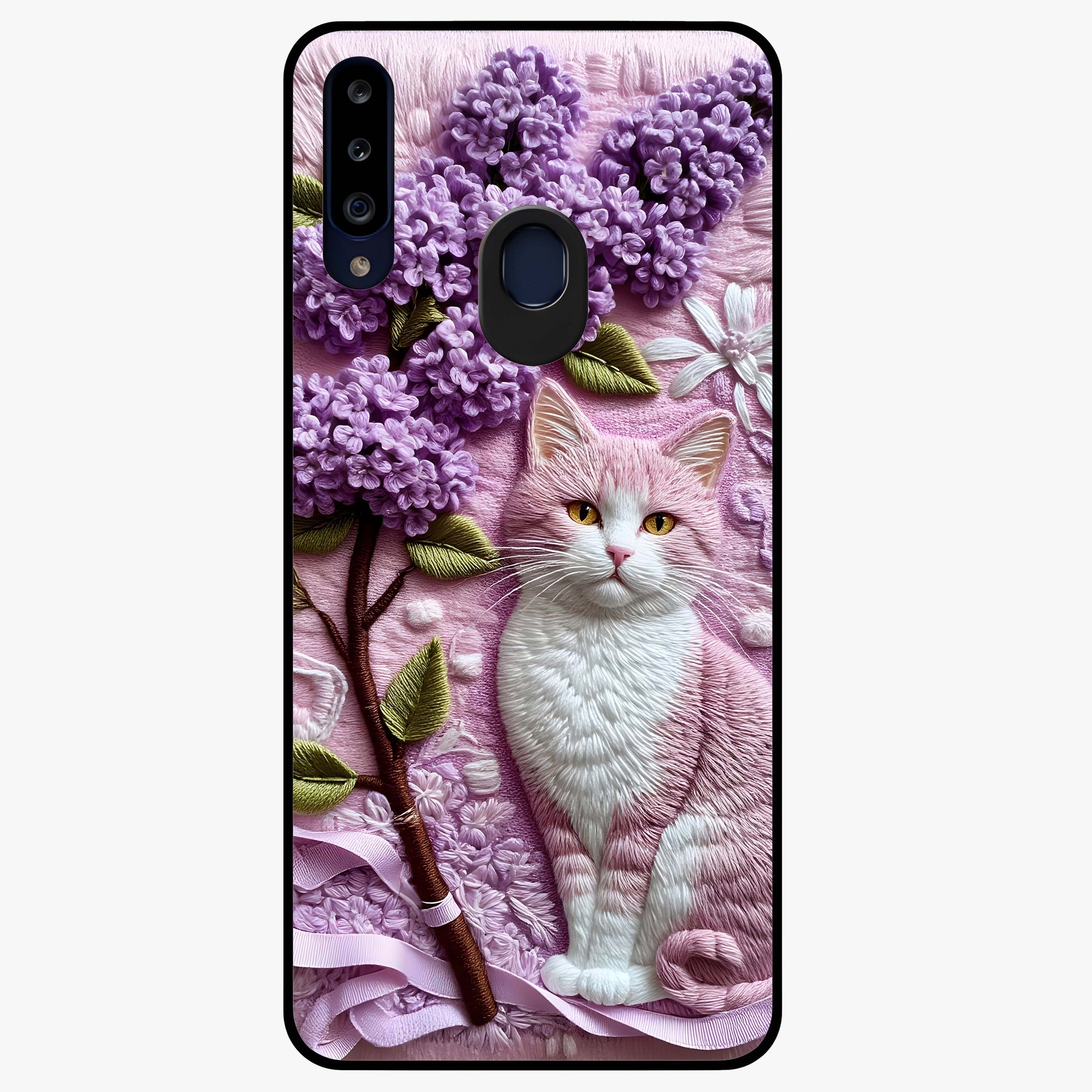 Lavender Cat Whimsy Glass Case showing flat back view with cute lavender cat artwork and glossy glass finish.