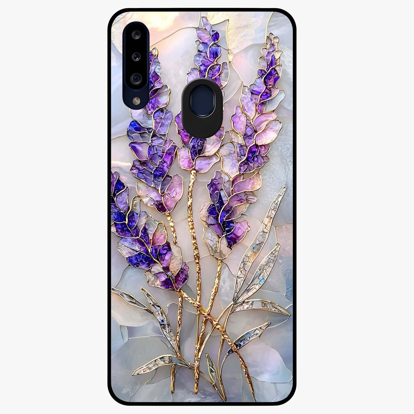 Lavender Dream Glow Glass Case showing flat back view with glowing lavender aesthetic artwork and glossy glass finish.