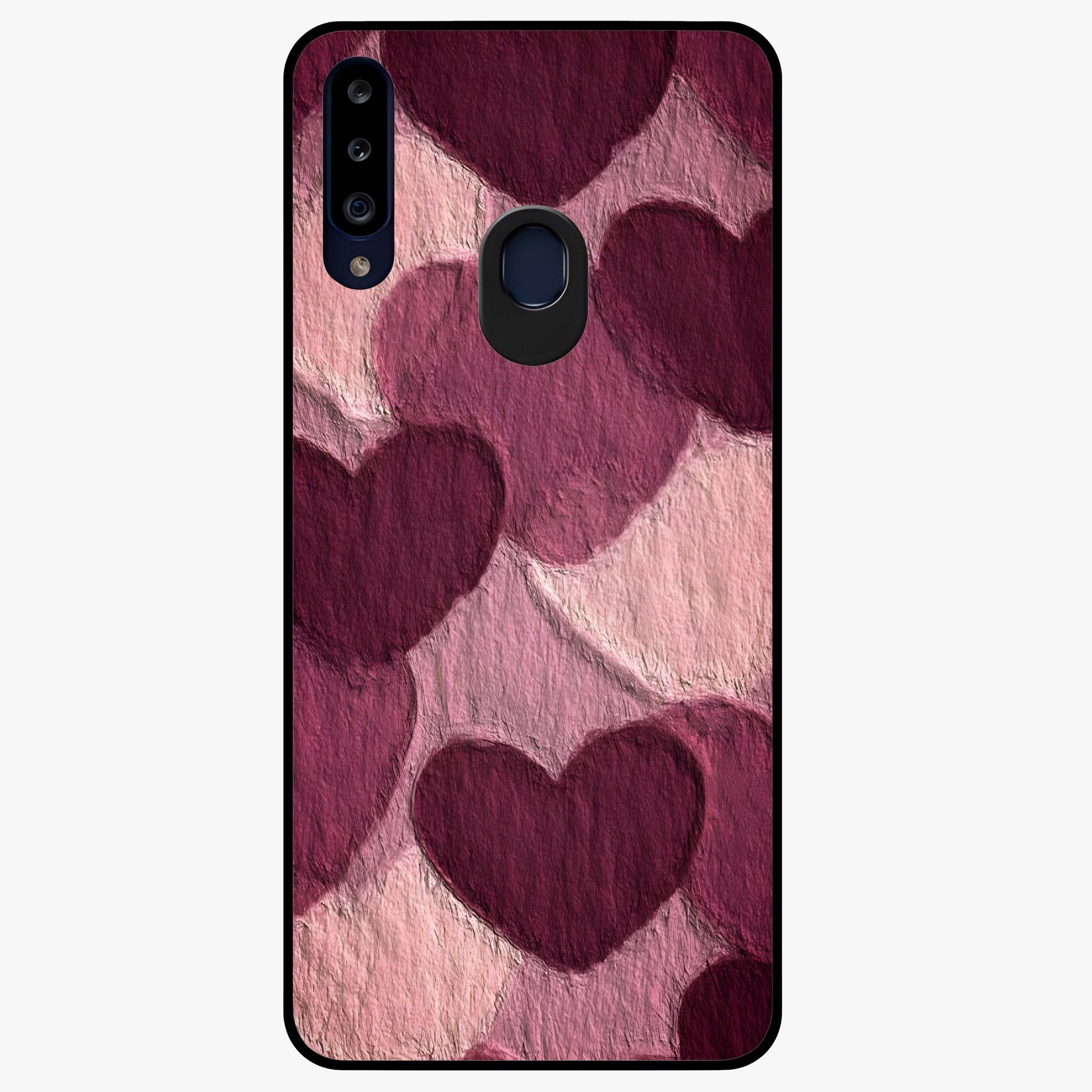 Layered Paper Hearts Glass Case showing flat back view with layered paper heart artwork and glossy glass finish.