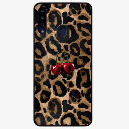 Leopard Wild Cherry Glass Case showing flat back view with leopard pattern and cherry artwork and glossy glass finish.