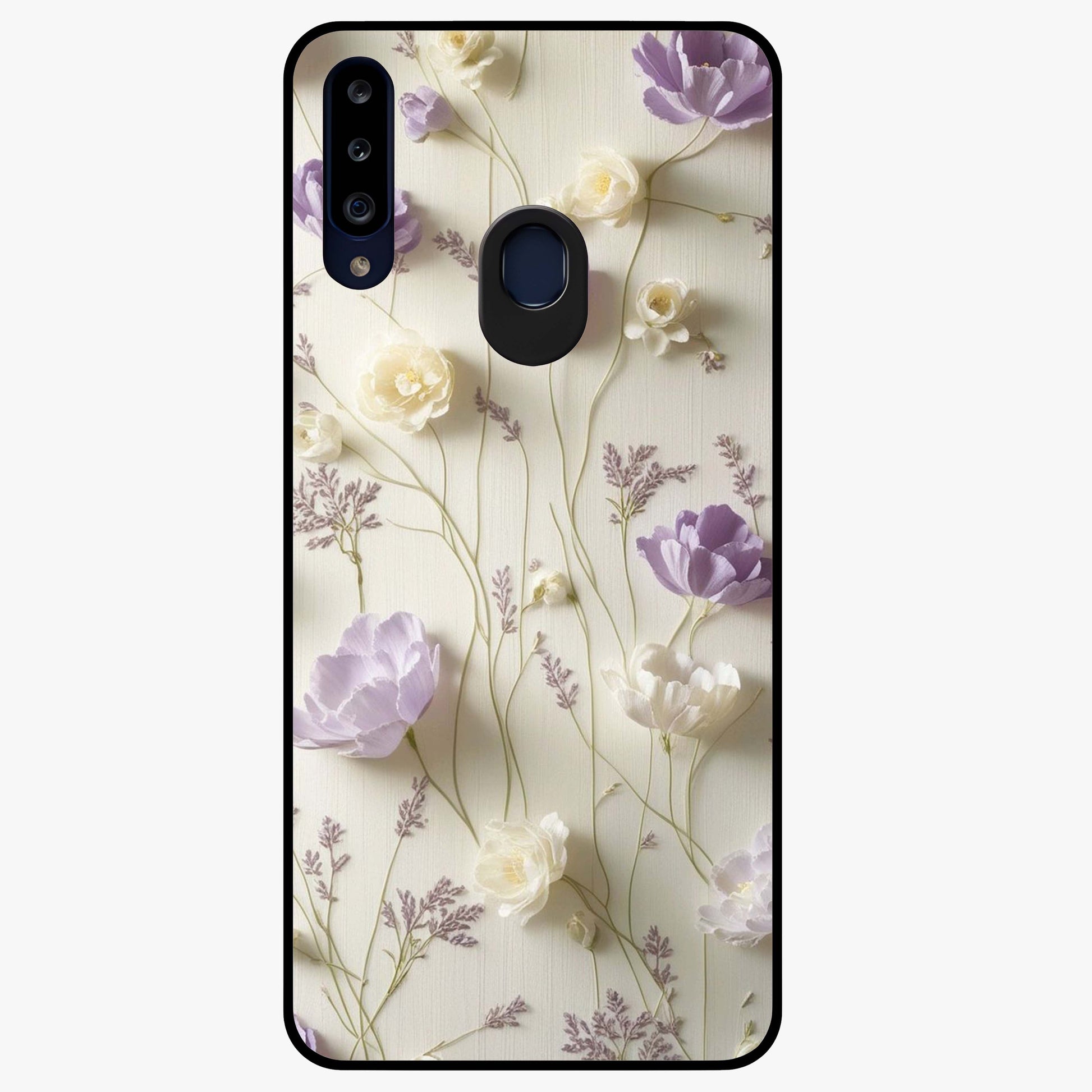 Lilac Breeze Harmony Glass Case showing flat back view with soft lilac themed artwork and glossy glass finish.