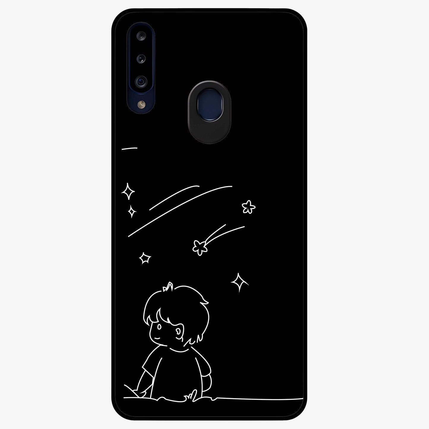 Line Art Boy With Shooting Stars Glass Case showing flat back view with minimal line art boy and shooting stars illustration and glossy glass finish.