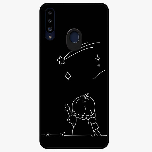 Line Art Girl With Shooting Stars Glass Case showing flat back view with minimal line art girl and shooting stars illustration and glossy glass finish.