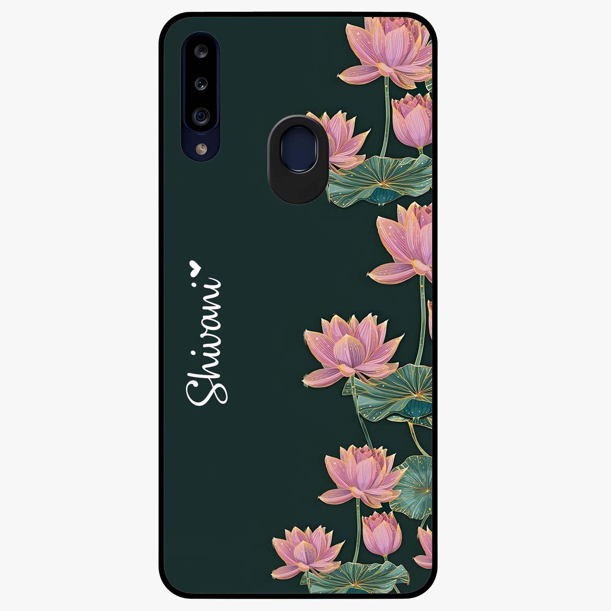 Lotus Bloom Serenity Custom Name Glass Case showing flat back view with elegant lotus flower artwork and personalized name design.