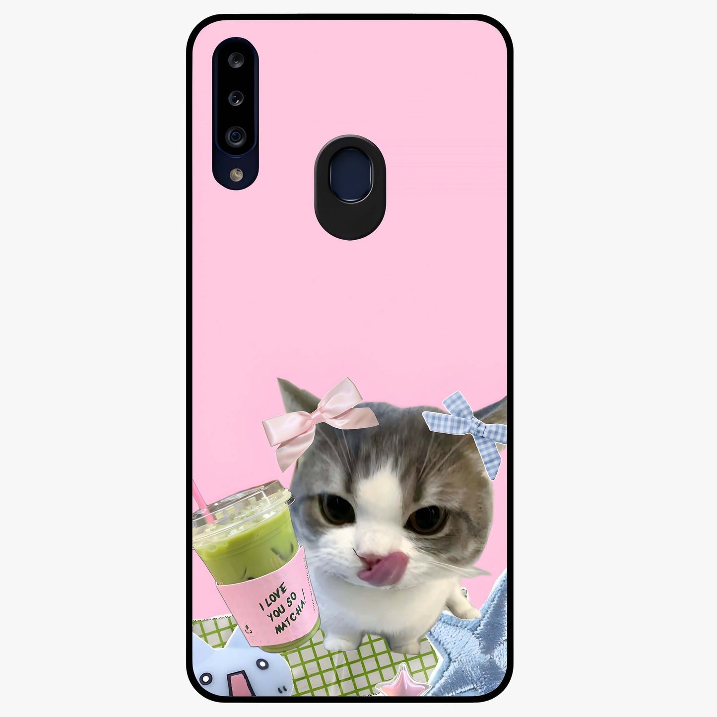 Love Matcha Cat Glass Case showing flat back view with cute cat and matcha themed artwork and glossy glass finish.