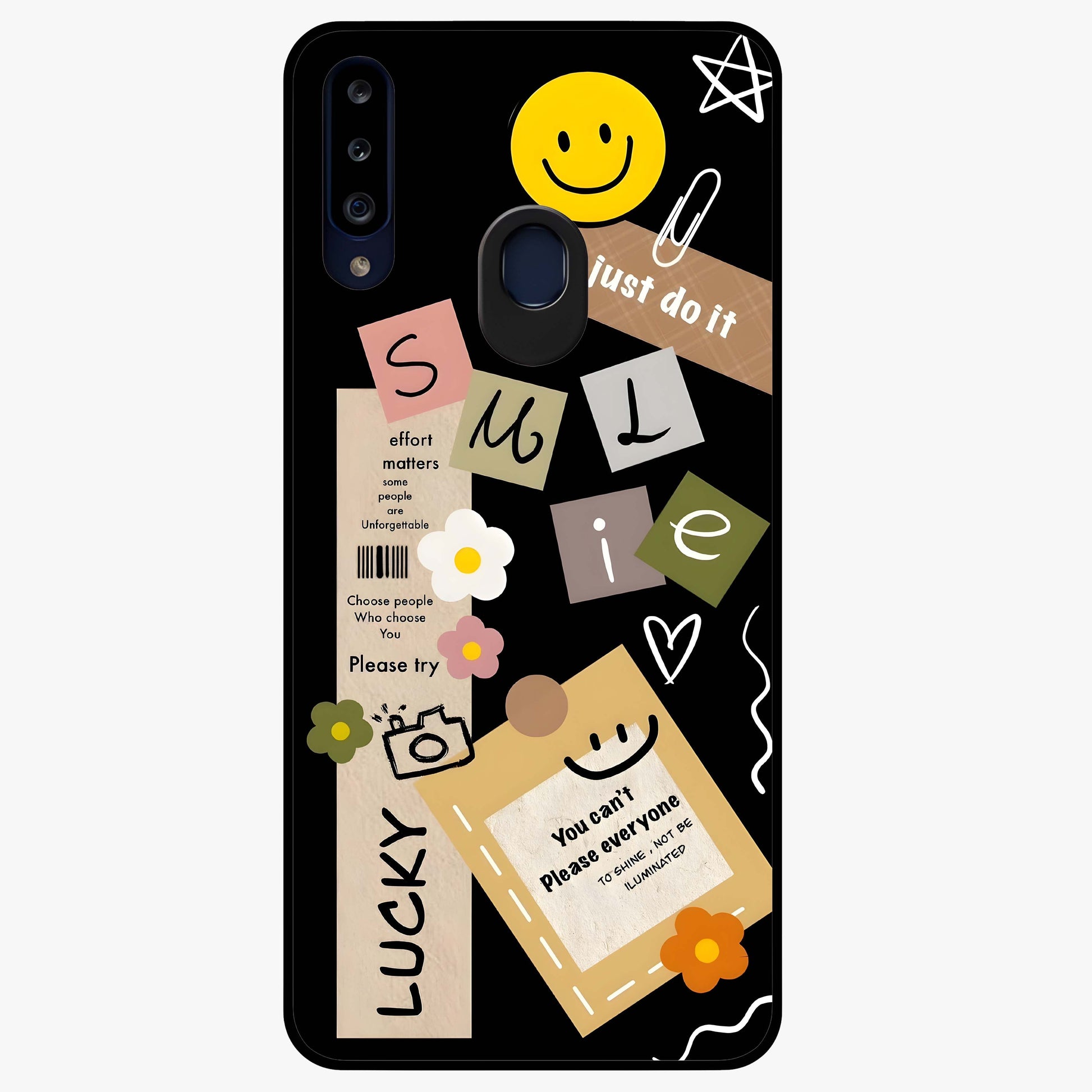 Lucky Aesthetic Collage Glass Case showing flat back view with trendy aesthetic collage artwork and glossy glass finish.