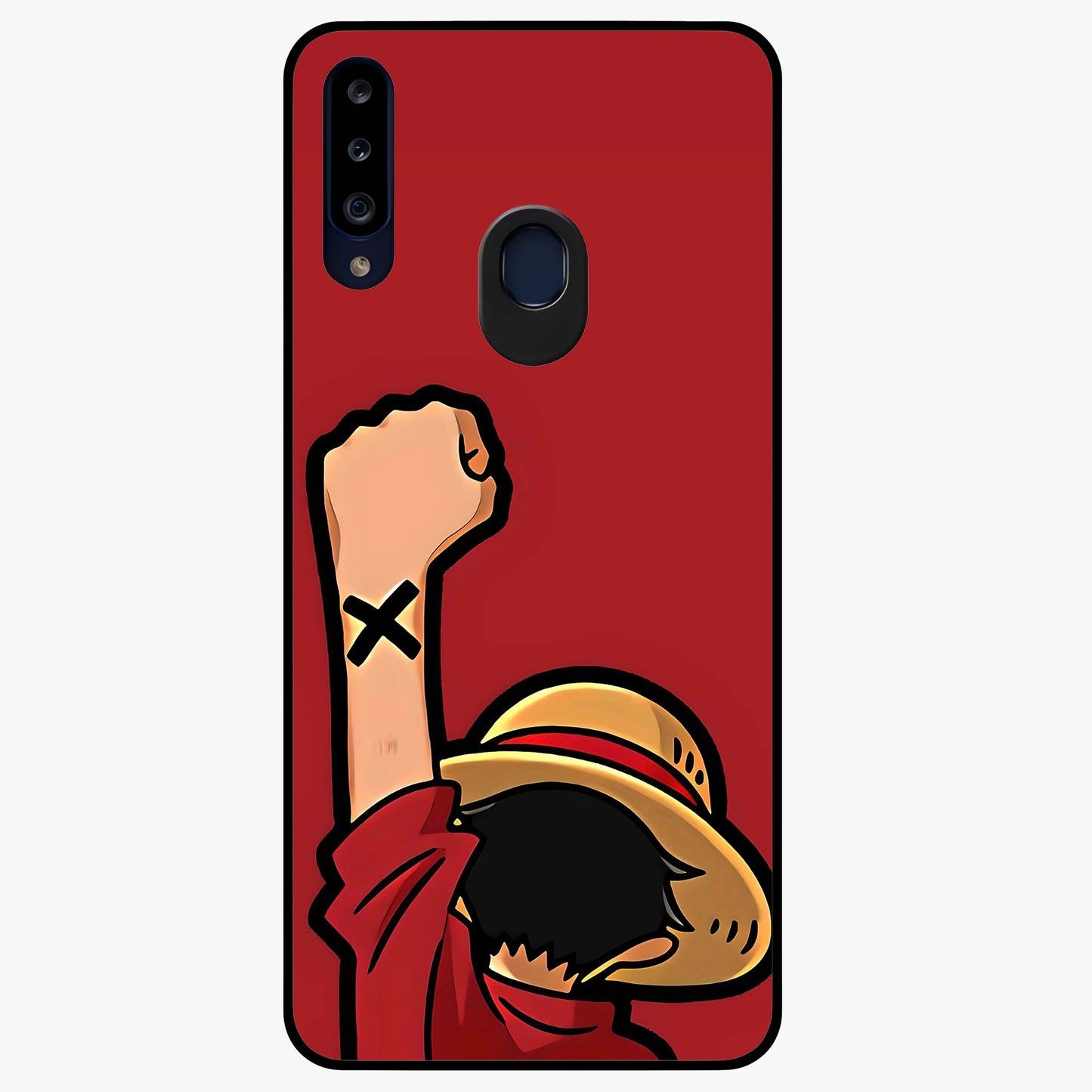 Luffy X Spirit Glass Case showing flat back view with bold anime character artwork and glossy glass finish.