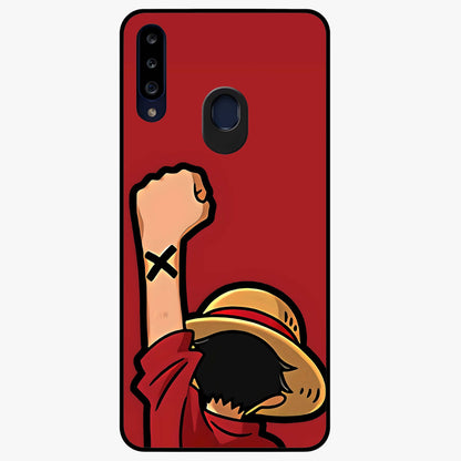 Luffy X Spirit Glass Case showing flat back view with bold anime character artwork and glossy glass finish.