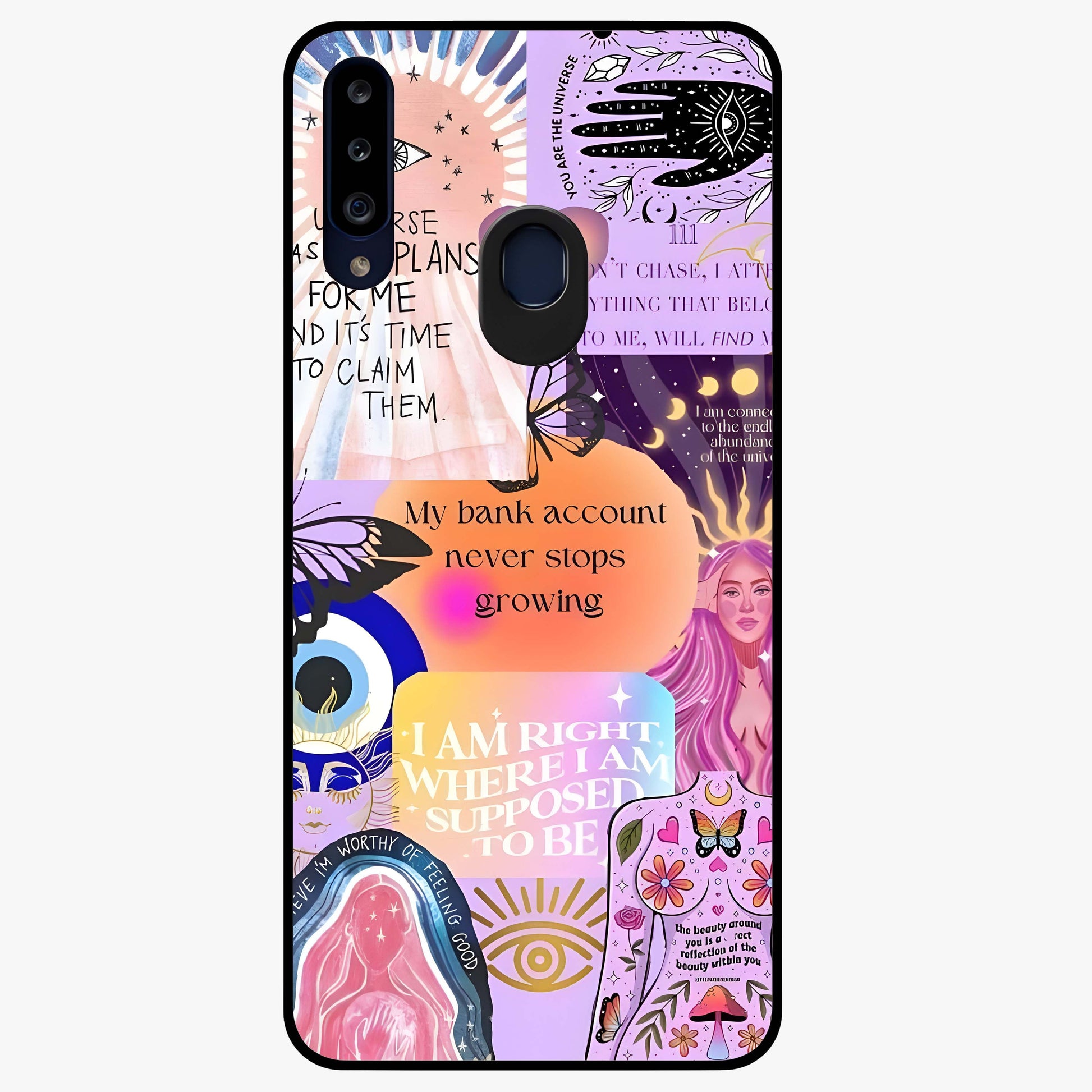 Manifestation Collage Glass Case showing flat back view with motivational collage artwork and glossy glass finish.