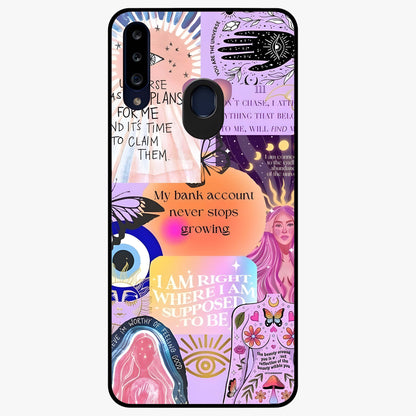 Manifestation Collage Glass Case showing flat back view with motivational collage artwork and glossy glass finish.