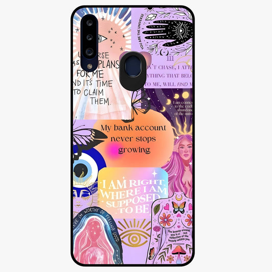 Manifestation Collage Glass Case showing flat back view with motivational collage artwork and glossy glass finish.