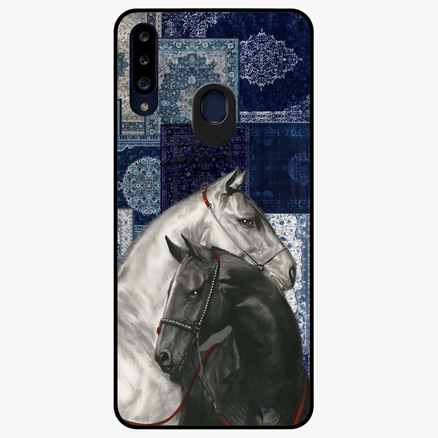 Midnight Stallion Blues Glass Case showing flat back view with majestic horse artwork and glossy glass finish.