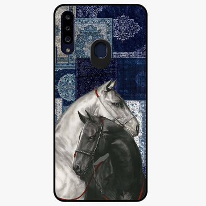 Midnight Stallion Blues Glass Case showing flat back view with majestic horse artwork and glossy glass finish.