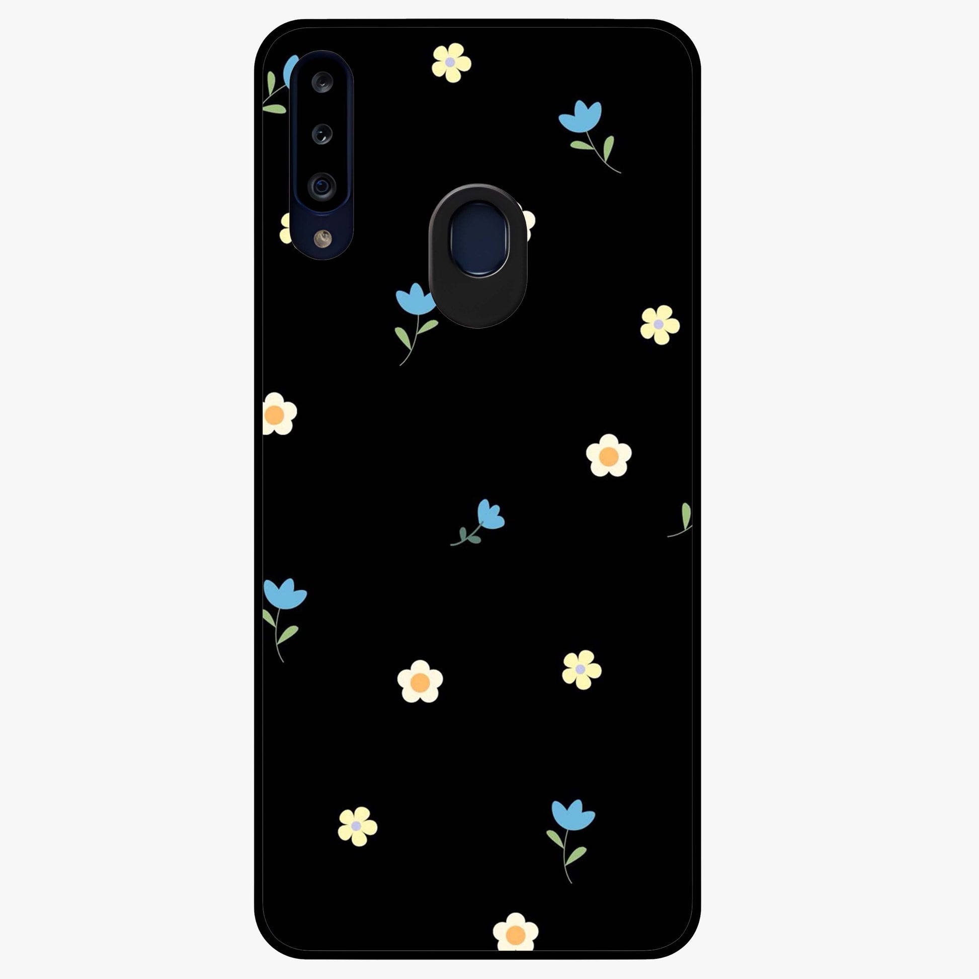 Minimalistic Blue With White Flower Pattern Glass Case showing flat back view with blue background and white flower pattern and glossy glass finish.