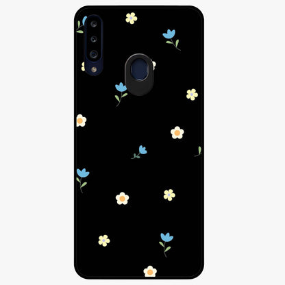 Minimalistic Blue With White Flower Pattern Glass Case showing flat back view with blue background and white flower pattern and glossy glass finish.