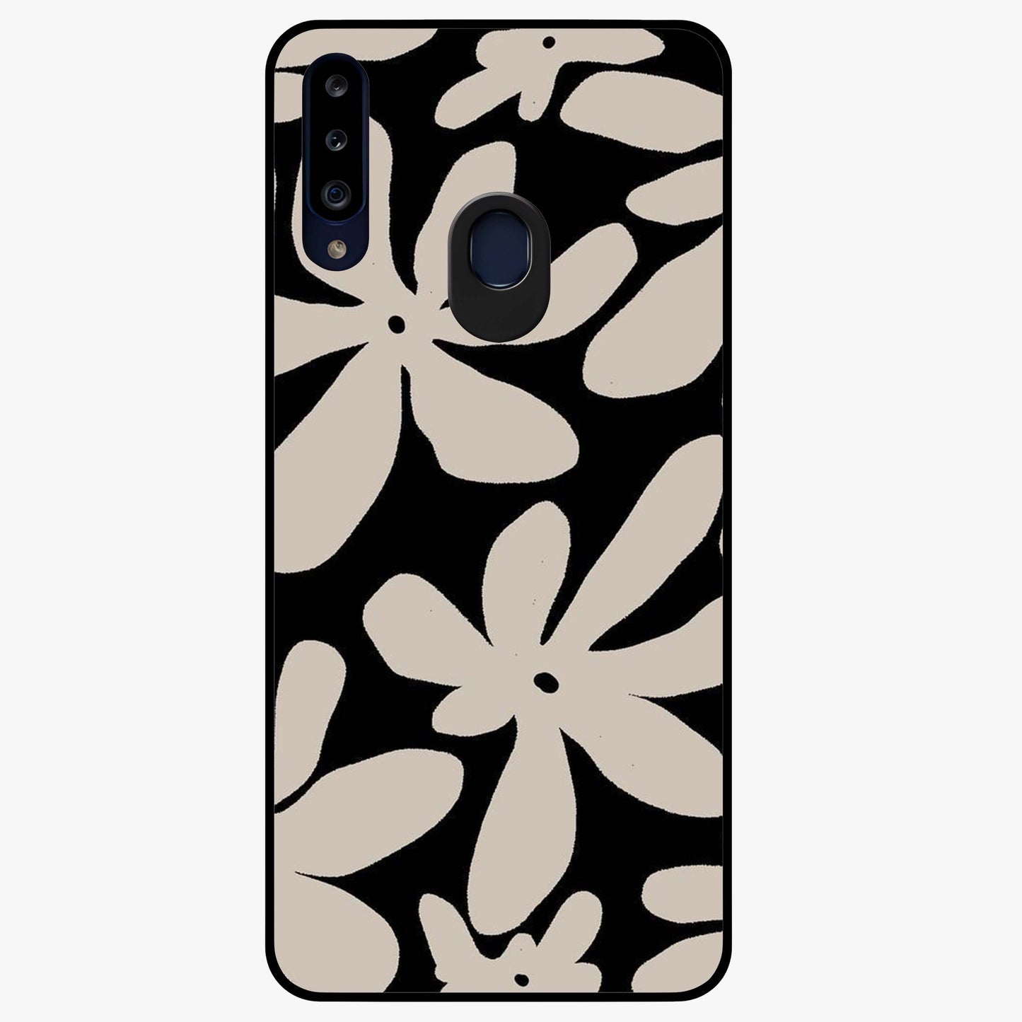 Monochrome Petal Dance Glass Case showing flat back view with monochrome floral artwork and glossy glass finish.