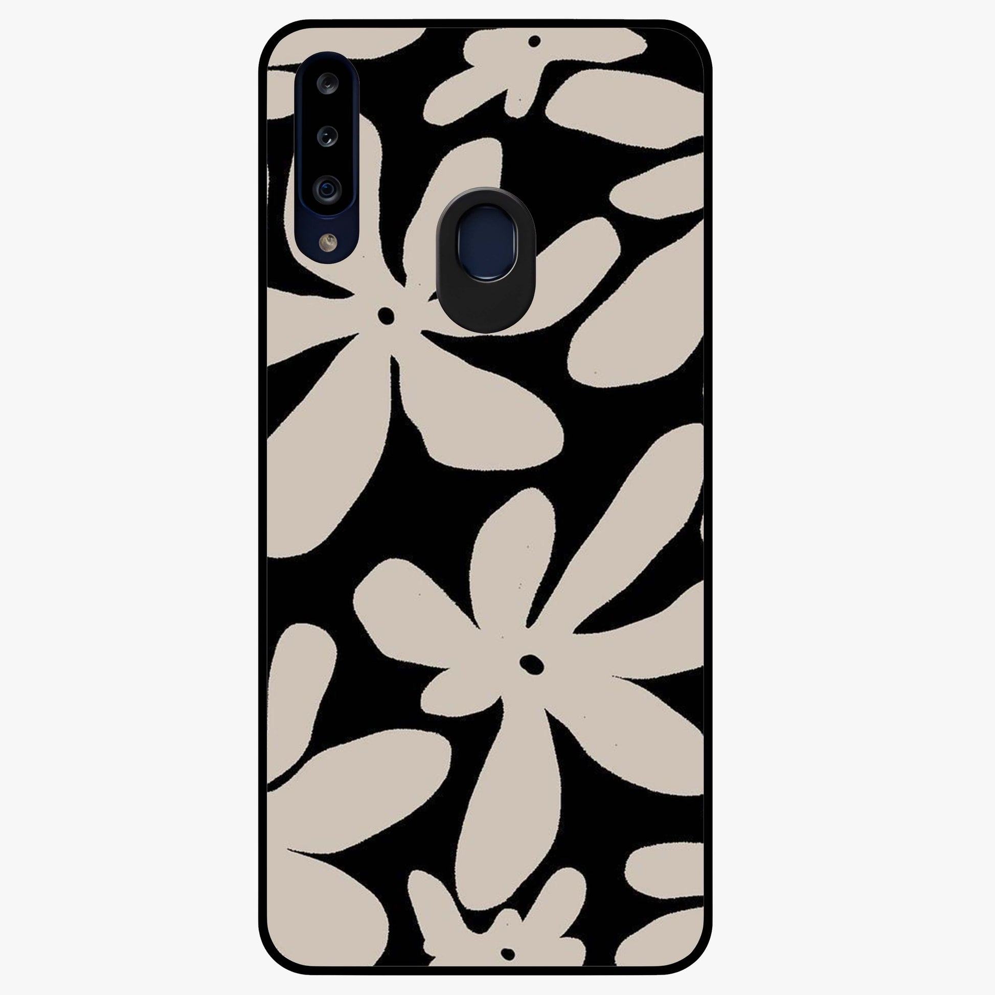 Monochrome Petal Dance Glass Case showing flat back view with monochrome floral artwork and glossy glass finish.