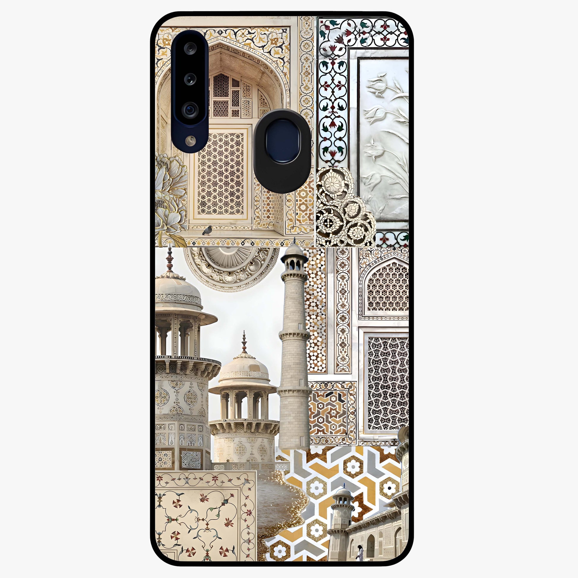 Mughal Marble Legacy Glass Case showing flat back view with intricate Mughal inspired marble pattern and glossy glass finish.