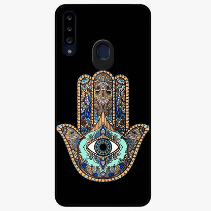 Mystic Hamsa Eye Glass Case showing flat back view with protective hamsa hand and evil eye artwork and glossy glass finish.
