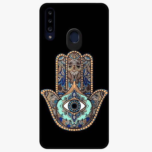 Mystic Hamsa Eye Glass Case showing flat back view with protective hamsa hand and evil eye artwork and glossy glass finish.