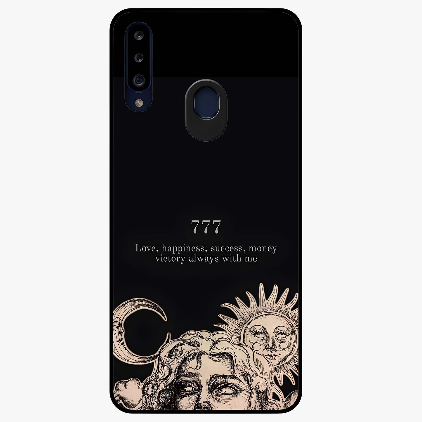 Mystic Victory Aura Glass Case showing flat back view with victory symbol artwork and glossy glass finish.
