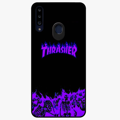 Neon Flame Riot Glass Case showing flat back view with neon flame artwork and glossy glass finish.