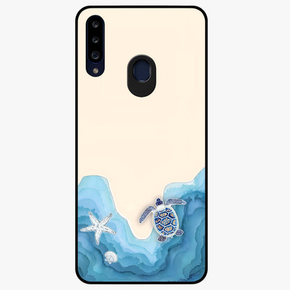 Ocean Drift Turtle Glass Case showing flat back view with sea turtle artwork and glossy glass finish.