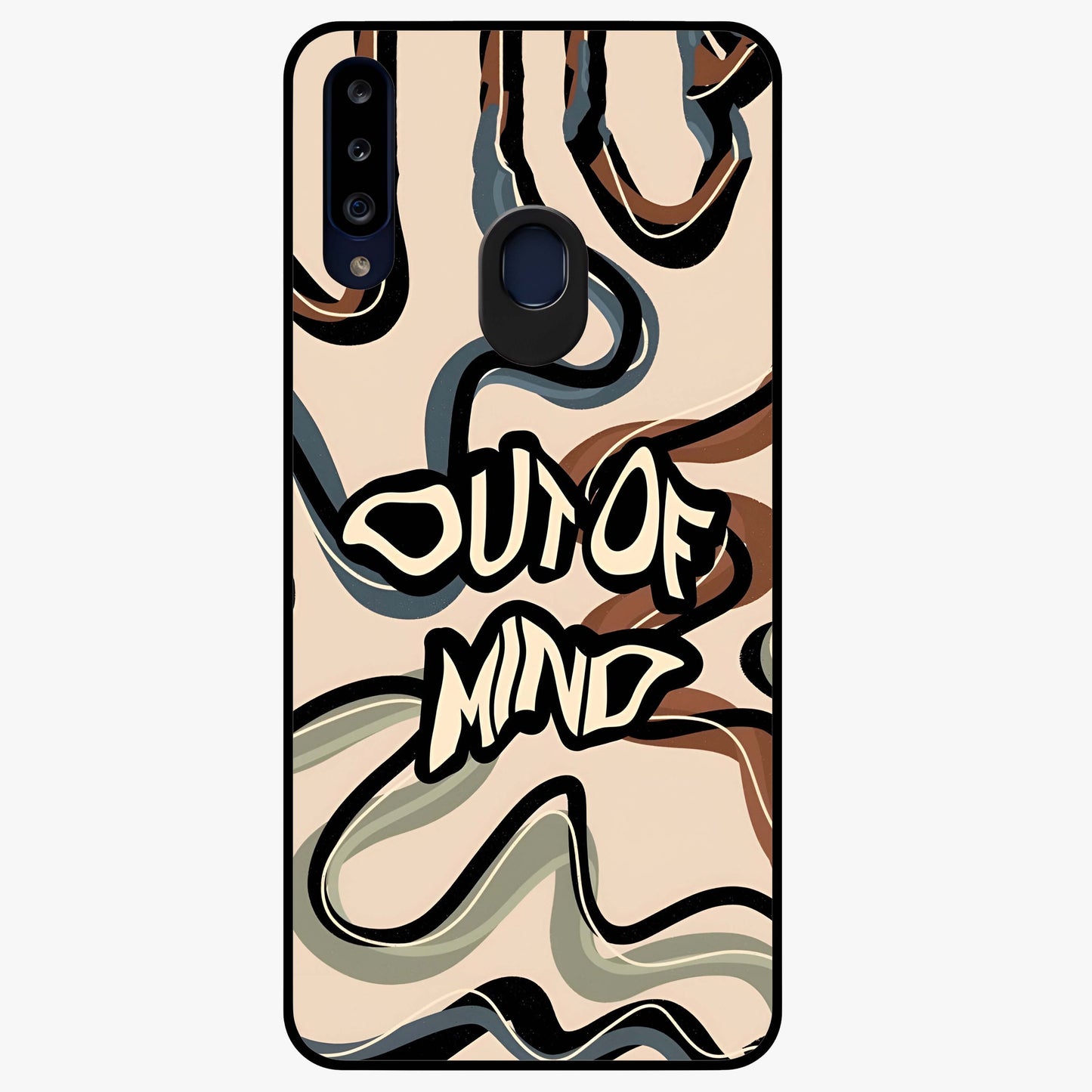 Out Of Mind Glass Case showing flat back view with expressive typography artwork and glossy glass finish.