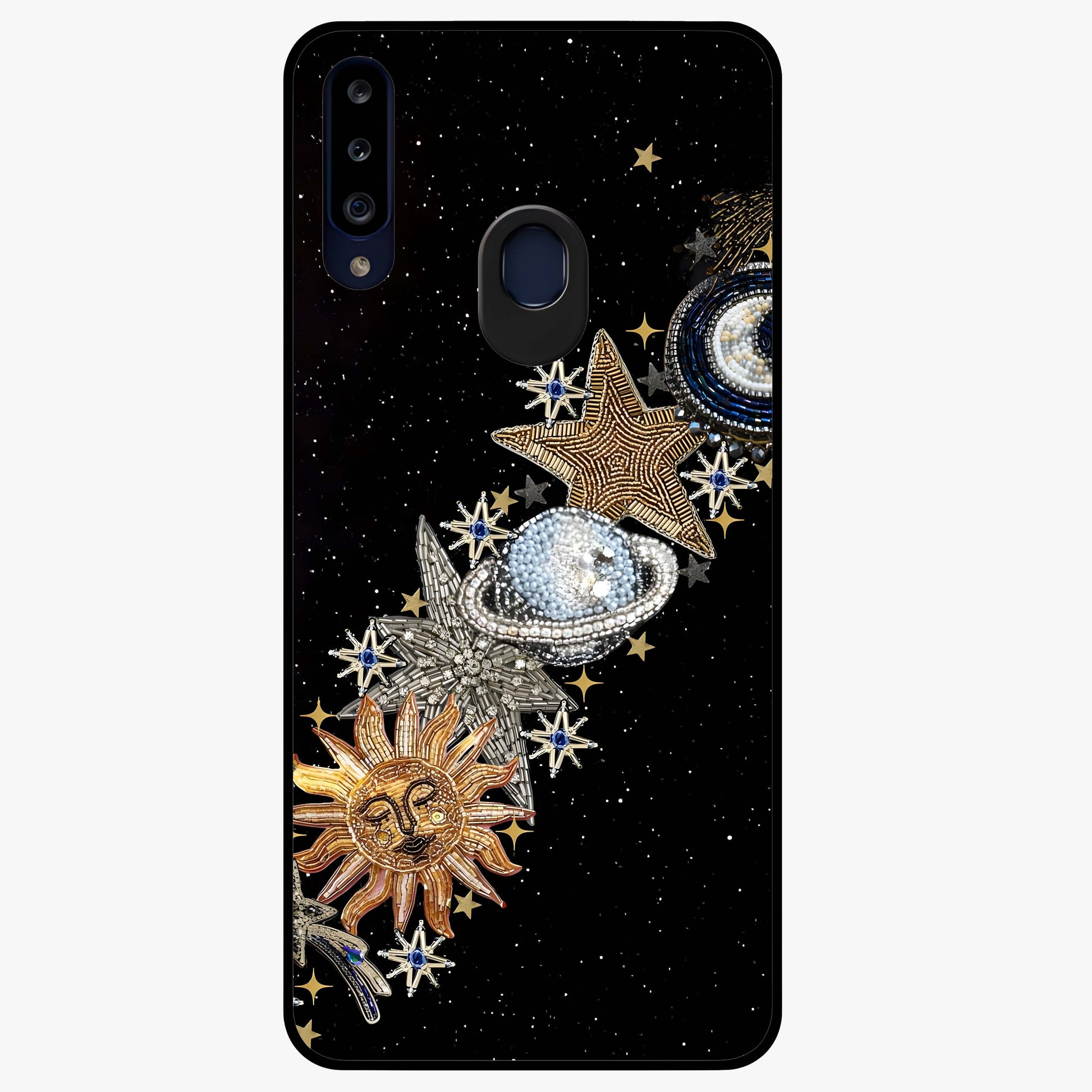 Pearls Universe Object Glass Case showing flat back view with pearl inspired cosmic artwork and glossy glass finish.