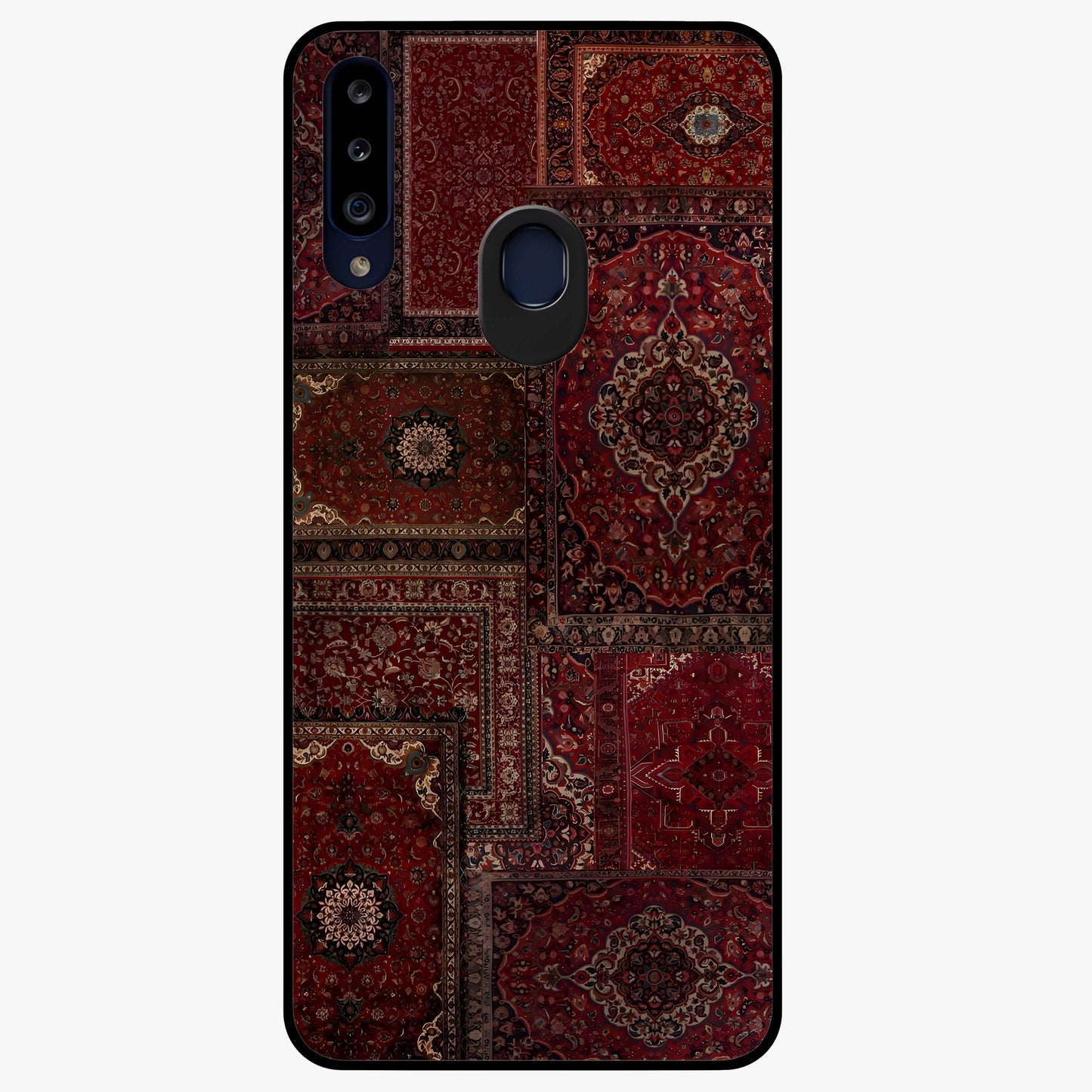 Persian Velvet Tale Glass Case showing flat back view with luxurious Persian velvet pattern artwork and glossy glass finish.