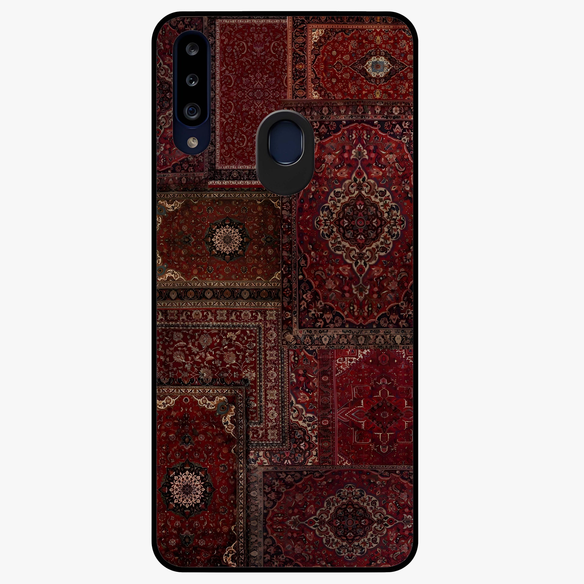 Persian Velvet Tale Glass Case showing flat back view with luxurious Persian velvet pattern artwork and glossy glass finish.