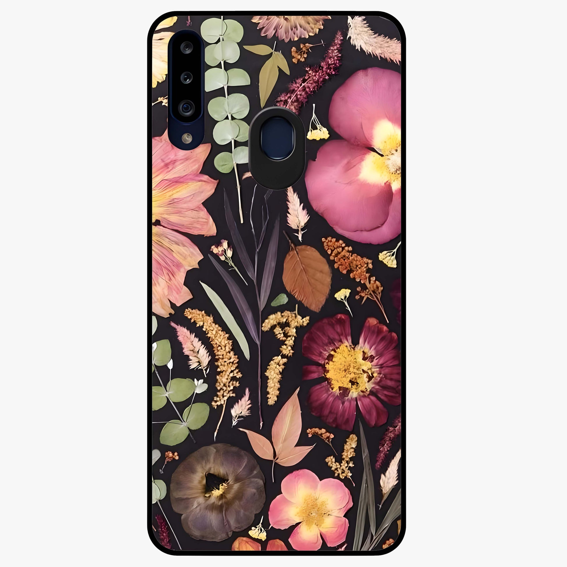 Petal Dream Tapestry Glass Case showing flat back view with intricate floral tapestry artwork and glossy glass finish.