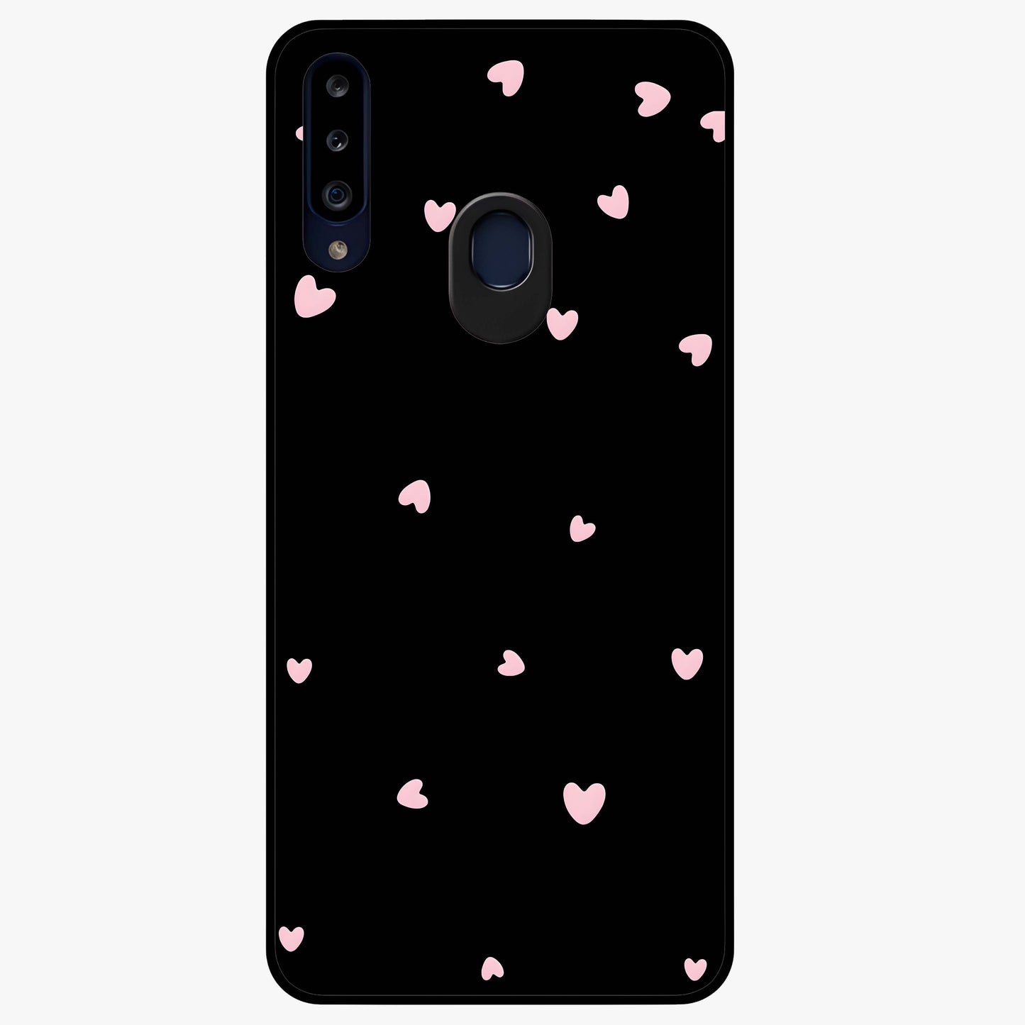 Pink Love Drops Glass Case showing flat back view with playful pink heart drops artwork and glossy glass finish.