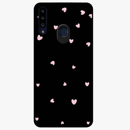 Pink Love Drops Glass Case showing flat back view with playful pink heart drops artwork and glossy glass finish.
